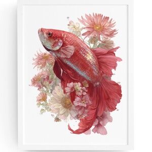 Watercolor Betta Fish with Flowers Wall Art Print Unframed - Enchanting Aquatic